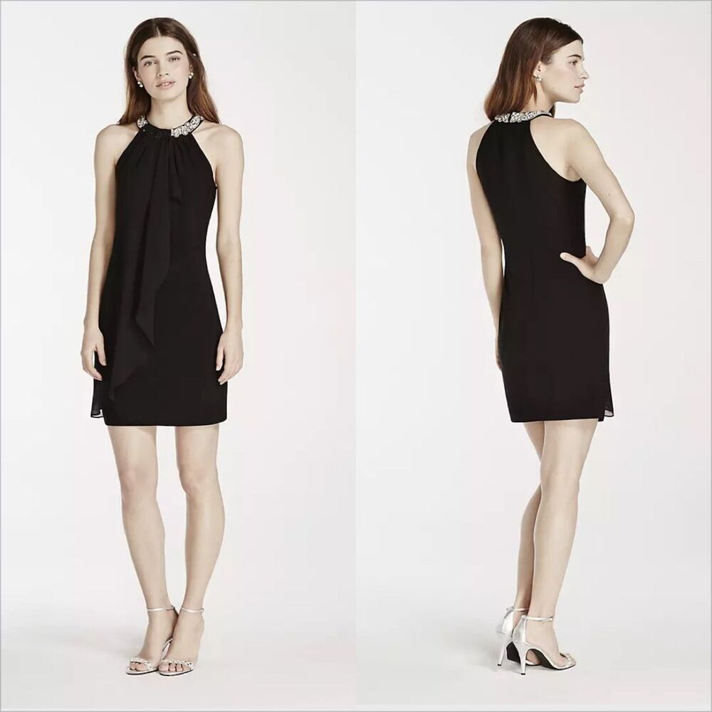 Adrianna Papell Halter Chiffon Dress with Pearl Neckline Size 8 NWT Black